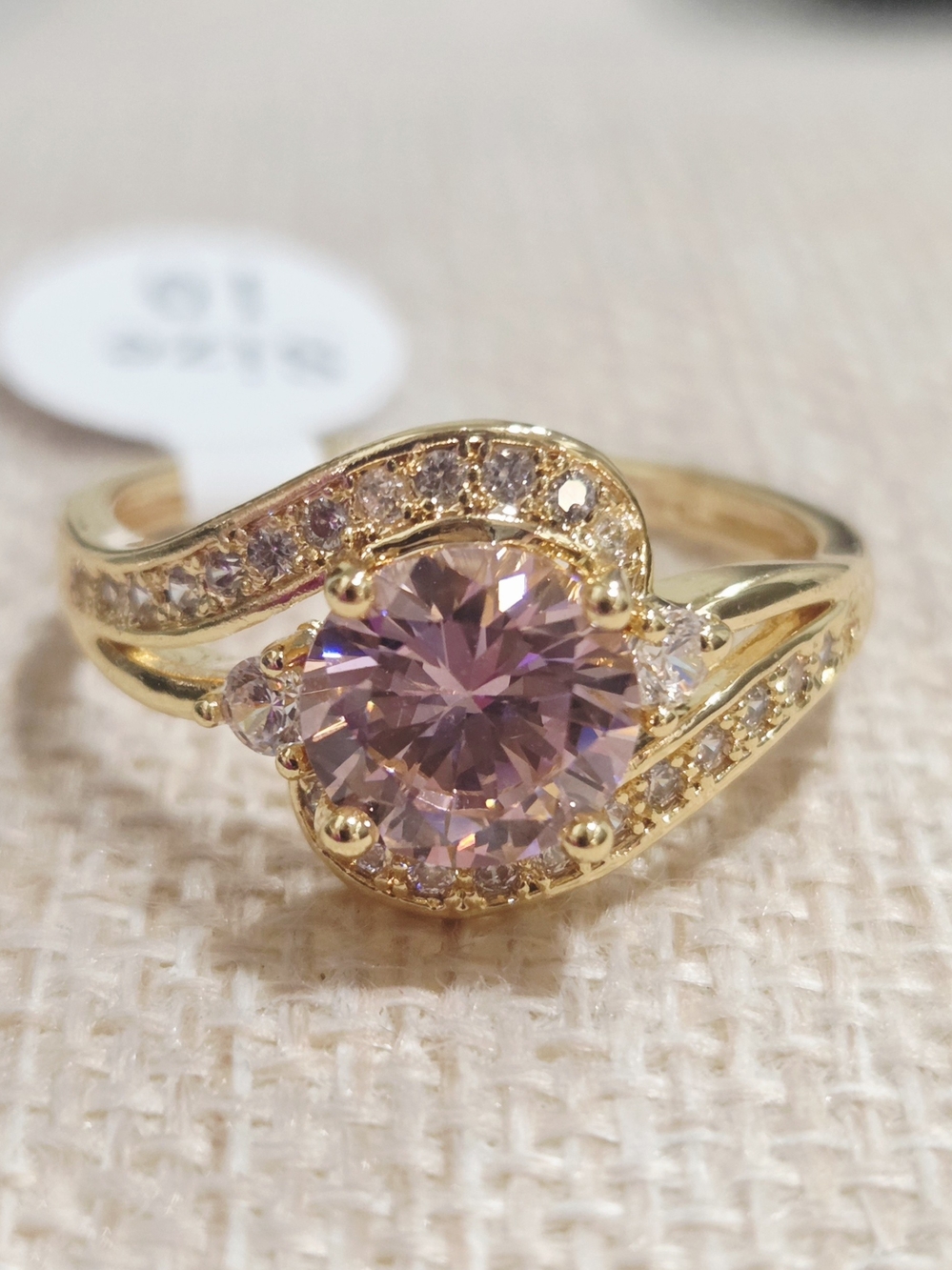 Gold Ring with Pink Centerstone and Pavé Accents~ Size 10